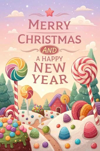 A colorful "merry christmas and a happy new year pic" with bold pink text in a candy-themed wonderland.