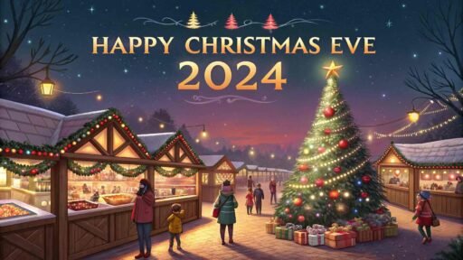 A glowing "Happy Christmas Eve 2024" above a festive Christmas market scene.