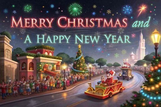 A lively image of Merry Christmas and a Happy New Year featuring a Christmas parade with floats and holiday decorations.