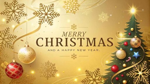A picture of merry christmas and happy new year featuring bright snowflakes and glowing lights. "Merry Christmas and A Happy New Year" is written in big, clear letters.