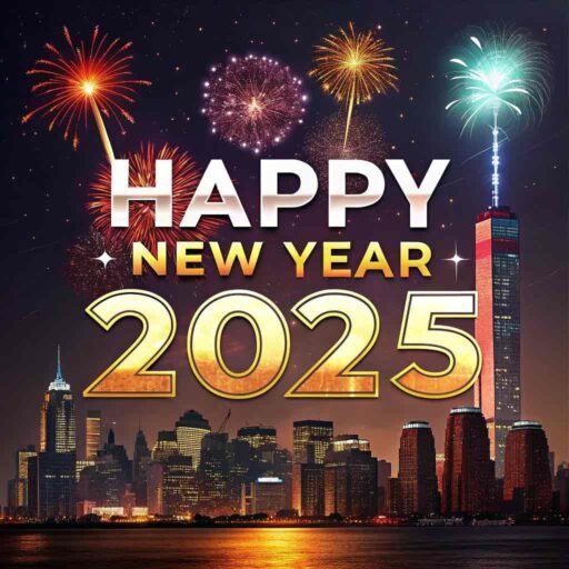 Picture of happy new year 2025 with an illuminated city skyline and bold glowing text.