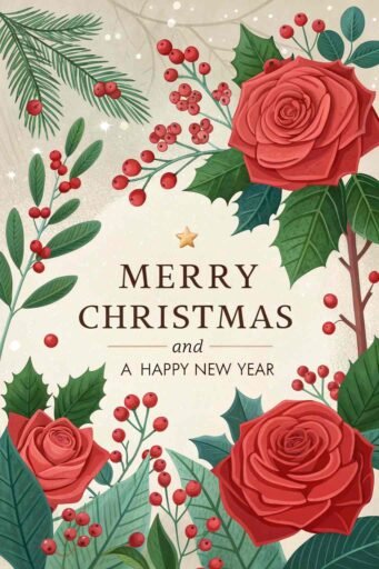 A picture of merry christmas and happy new year with red roses and holly leaves. The phrase "Merry Christmas and A Happy New Year" is large and clear.