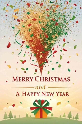 A picture of merry christmas and happy new year with festive confetti. The phrase "Merry Christmas and A Happy New Year" is prominently displayed.