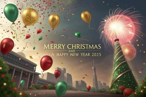 A festive "merry christmas and happy new year 2025 image" with confetti and glowing text.