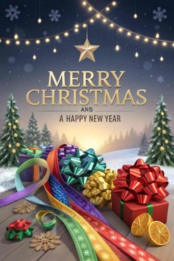 A colorful image of Merry Christmas and a Happy New Year with festive ribbons, bows, and holiday ornaments.