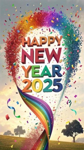 A "happy new year 2025 pic" with bold rainbow text surrounded by confetti.