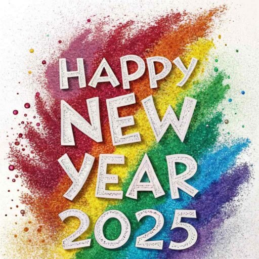 A rainbow glitter-themed happy new year 2025 free image with colorful, bold text.