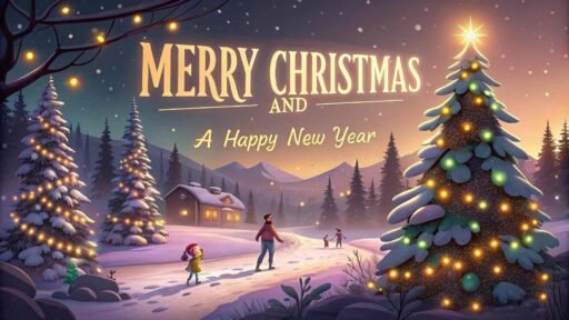 A cheerful image of Merry Christmas and a Happy New Year with snow-covered trees, twinkling fairy lights, and joyful people celebrating in winter wonderland.