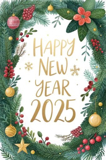 A garland-framed happy new year 2025 free image with bold, elegant text.