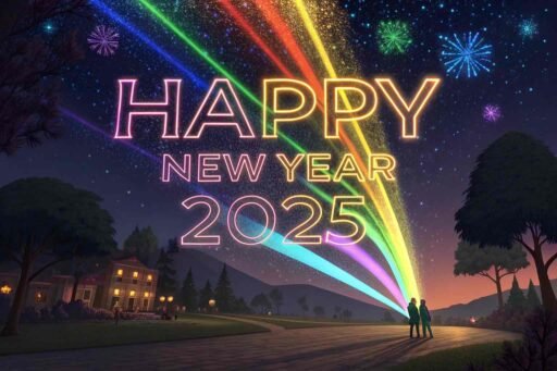 A colorful "happy new years eve 2025 image" featuring a vibrant light show and large, glowing "HAPPY NEW YEAR 2025" text.