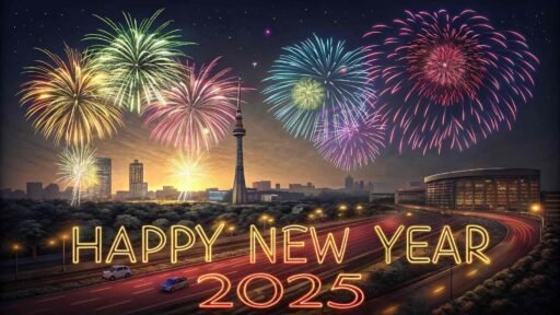 A "happy new years eve 2025 image" featuring fireworks and glowing "HAPPY NEW YEAR 2025" text in bold, celebrating the festive atmosphere of the night.