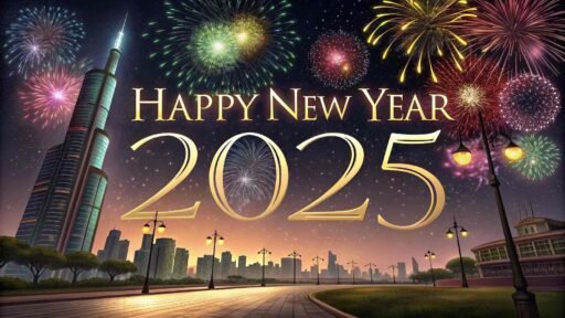 A "happy new year 2025 pic" featuring fireworks lighting up the night sky, with big bold text celebrating the new year.