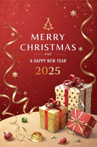 A festive "merry christmas and happy new year 2025 image" with red and gold elements and glowing text.