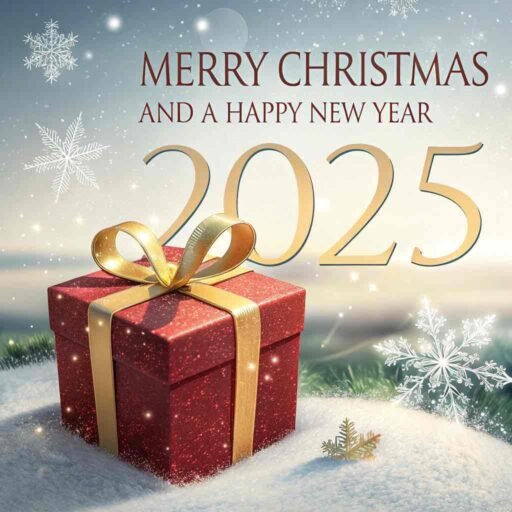 A festive "merry christmas and happy new year 2025 image" with a glowing gift box and bold text.