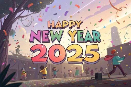 A confetti-filled happy new year 2025 free image with big bold text.