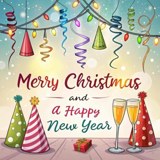 A picture of merry christmas and happy new year with a festive party theme. "Merry Christmas and A Happy New Year" is clearly visible in big letters.