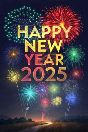 A colorful, animated fireworks image showing "happy new year funny pic."