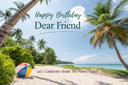 Bring the tropical vibes with images of happy birthday dear friend, set against the backdrop of sunny palm trees and beach fun.