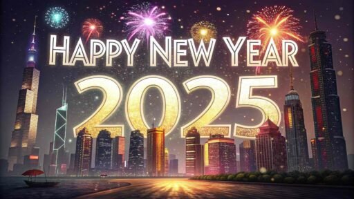 Picture of happy new year 2025 with an urban skyline and bold, glowing text.