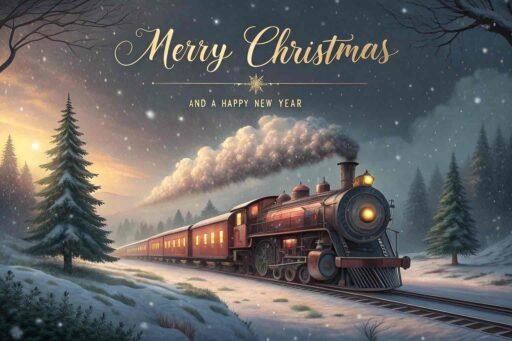 A nostalgic "merry christmas and a happy new year pic" with golden glowing text and a magical Christmas train.