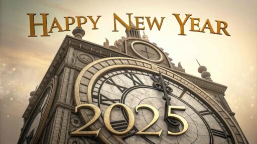 A "happy new year 2025 pic" featuring a classic clock and bold golden text.