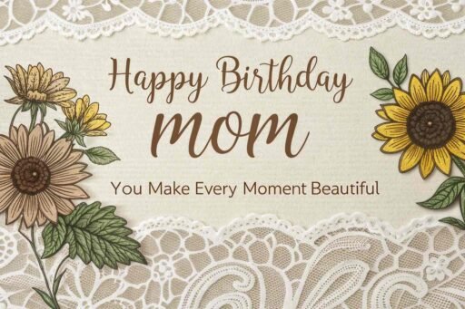 This vintage-inspired design with sunflowers and lace makes a charming happy birthday mom image with sunflowers, combining elegance and love.