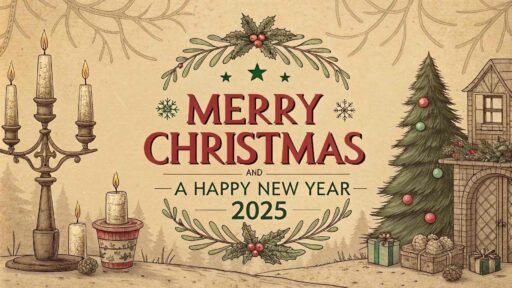 A classic "merry christmas and happy new year 2025 image" with vintage elements and traditional festive text.