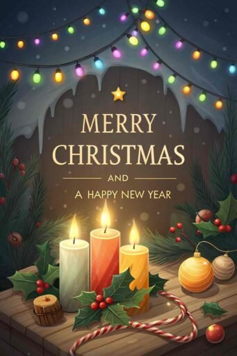A picture of merry christmas and happy new year featuring glowing candles. The phrase "Merry Christmas and A Happy New Year" is large and clear.
