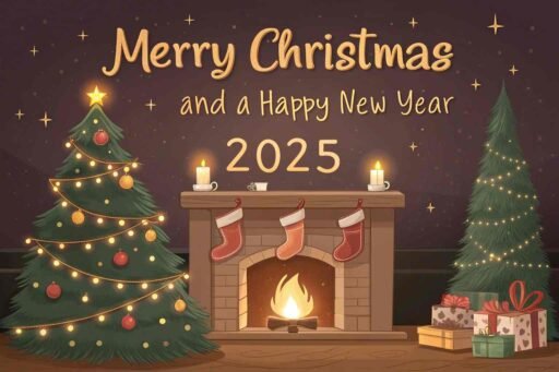 A cozy "merry christmas and happy new year 2025 image" with a fireplace and glowing festive text.