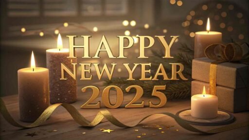 A "happy new year 2025 pic" capturing a cozy ambiance with glowing golden text.