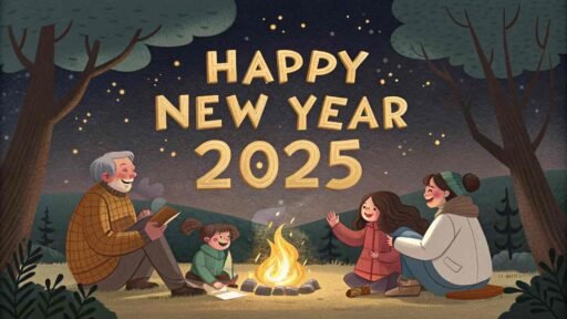 Picture of happy new year 2025 with a joyful family gathering and bold golden text.