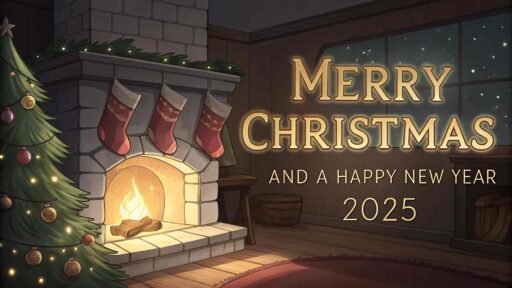 A cozy "merry christmas and happy new year 2025 image" with a fireplace, tree, and glowing festive text.