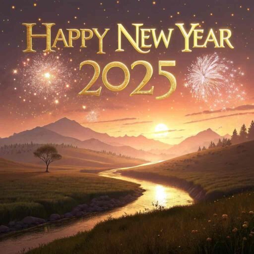 Picture of happy new year 2025 with golden hour vibes and bold glowing text.