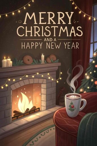 A comforting merry christmas and a happy new year image of a cozy fireplace with a heartfelt "Merry Christmas and A Happy New Year" message.