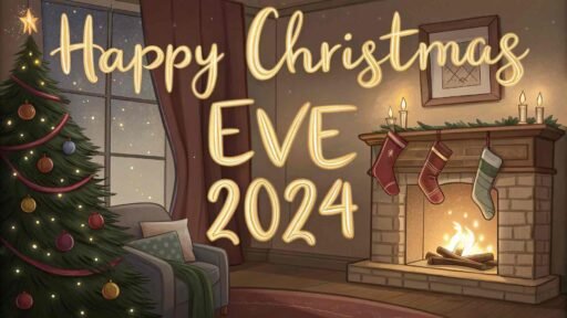 A cozy living room scene with a glowing "Happy Christmas Eve 2024" above the fireplace.