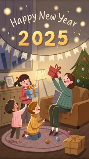 A cozy "happy new years eve 2025 image" showing family joy with big, cheerful "HAPPY NEW YEAR 2025" text on display.