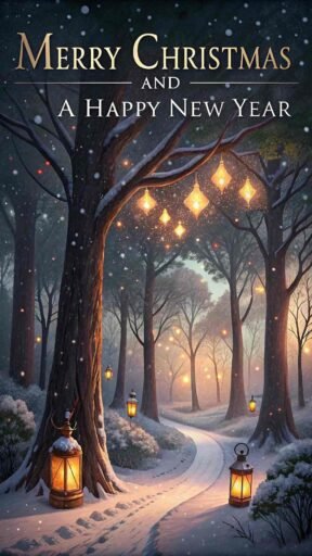 A magical "merry christmas and a happy new year pic" with bold white text amidst glowing lanterns and snow.