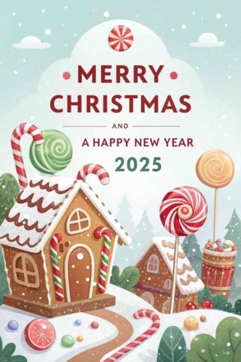 A whimsical "merry christmas and happy new year 2025 image" with a candy theme and vibrant text.