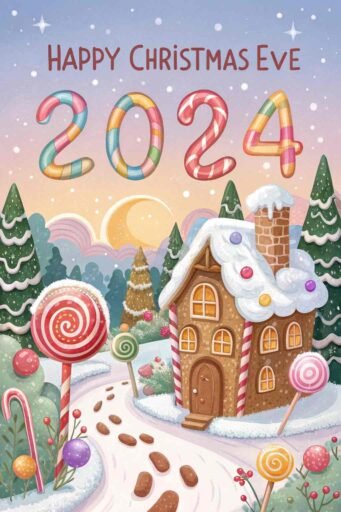 A magical candyland with colorful candy-style glowing "Happy Christmas Eve 2024" text above.