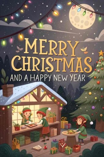 A playful "merry christmas and a happy new year pic" with bold yellow text in a busy elf workshop.