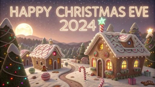 A gingerbread village under glowing candy-style "Happy Christmas Eve 2024" text.