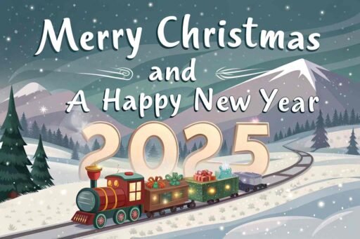 A whimsical "merry christmas and happy new year 2025 image" with a Christmas train and glowing text.