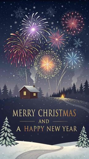 A dazzling pic of merry christmas and a happy new year with bold, glowing text lighting up the sky with festive fireworks