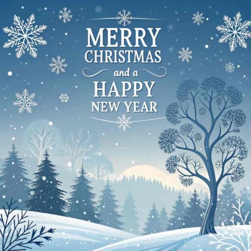 A picture of merry christmas and happy new year with intricate snowflake designs. "Merry Christmas and A Happy New Year" is clearly displayed in bold letters.