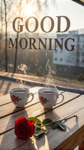 A heartfelt good morning image for love, with two steaming teacups and a red rose on a wooden table in soft sunlight.