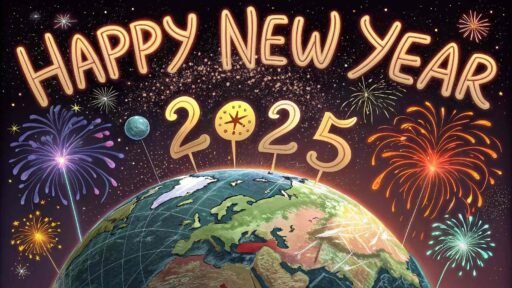 A "happy new year 2025 pic" showing global celebration with prominent glowing text.