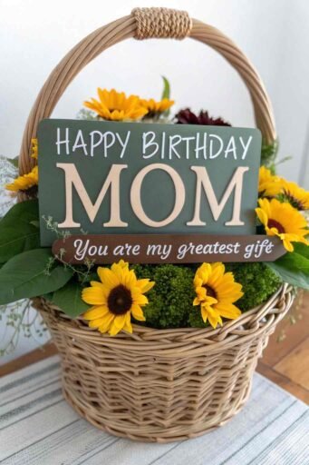 This sweet sunflower basket design creates a warm and heartfelt happy birthday mom image with sunflowers, perfect for a rustic, charming greeting.