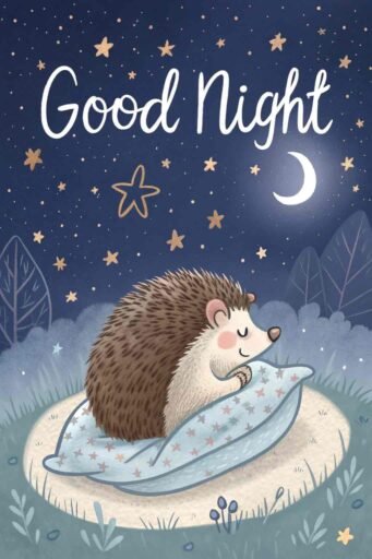 A good night cute image of a hedgehog sleeping peacefully, evoking coziness and dreams.