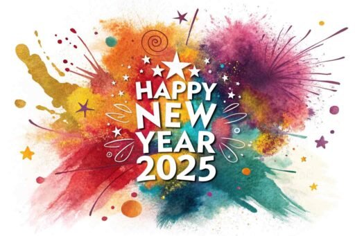 Picture of happy new year 2025 with colorful paint splashes and bold text.