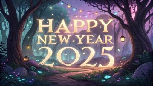 A "happy new year 2025 pic" set in a magical forest with bold glowing text.